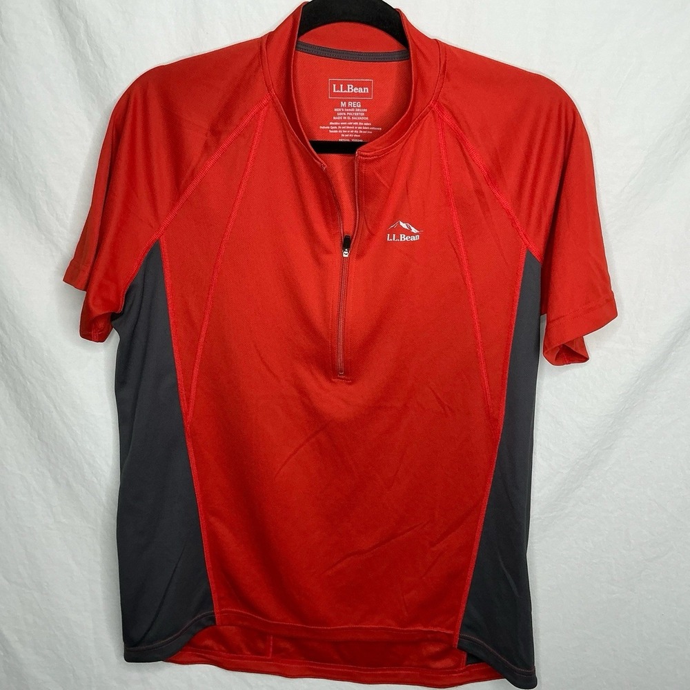 LL Bean Mens Cycling Shirt Sz M Back Pocket 1/2 Zip Orange Red SS Activewear